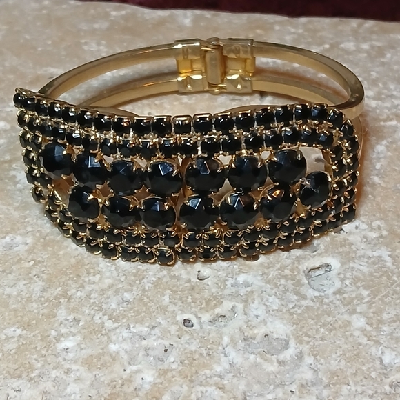 1960s MCM Gold Tone and Jet Rhinestones Clamper bracelet Excellent Condition - Picture 1 of 6
